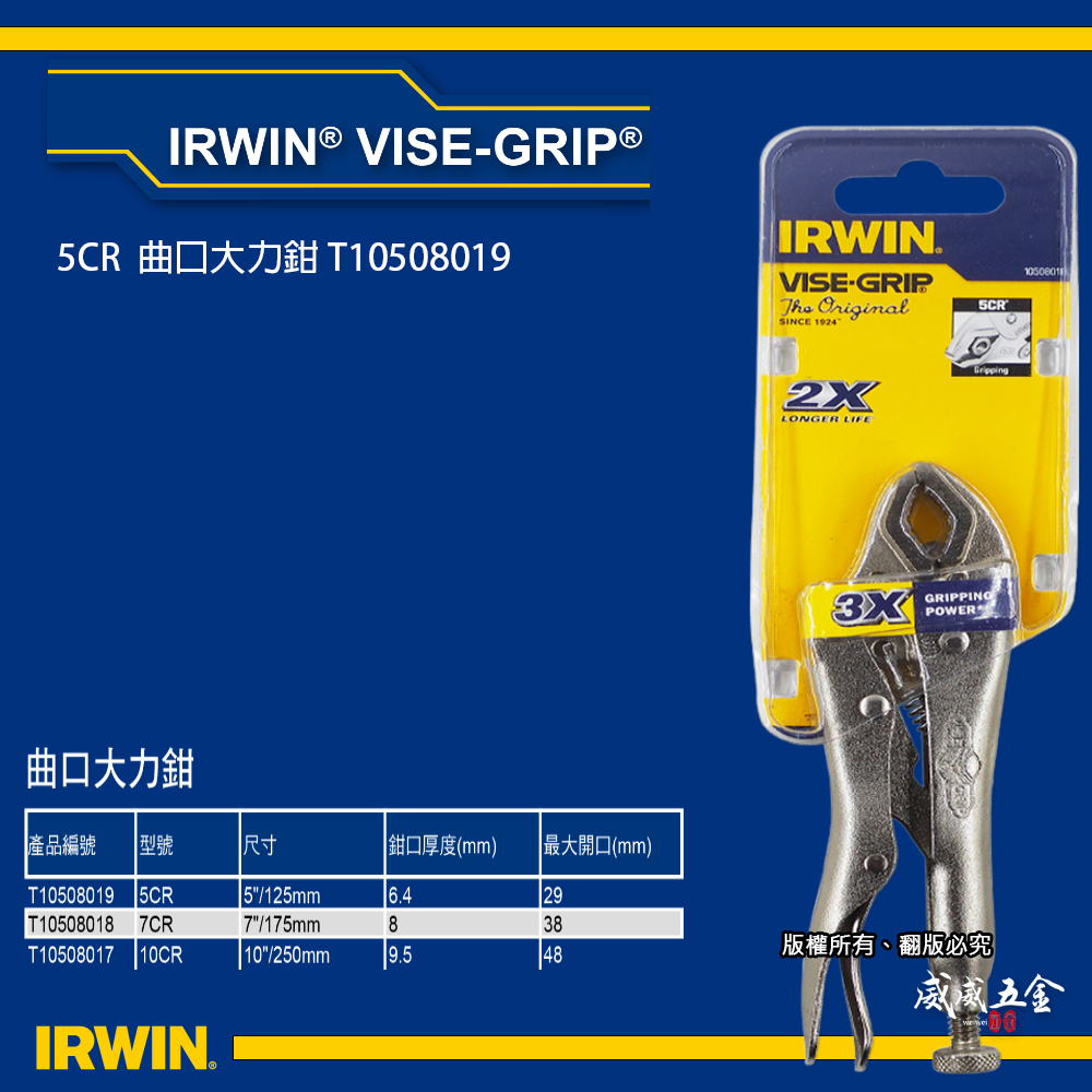 美國 IRWIN 握手牌｜5CR 鐵柄-強力夾齒萬能鉗 曲口大力鉗 固定鉗 5" 夾鉗｜T10508019