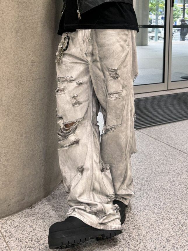 洗水仿污破洞淨色鬆身牛仔褲 LIL-032J