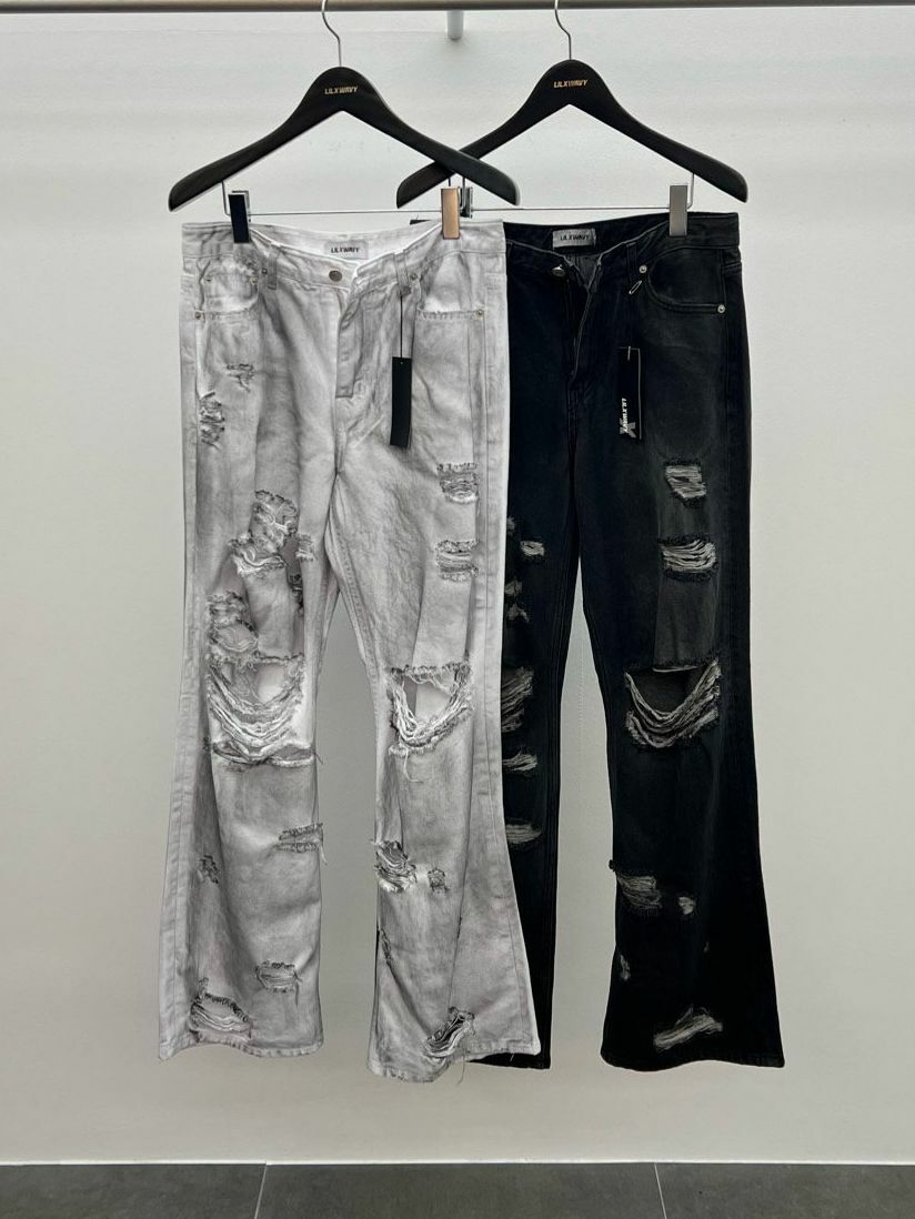 洗水仿污破洞淨色鬆身牛仔褲 LIL-032J