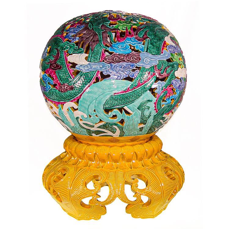 鹿港窯|開運素三彩瓷器 - 鏤刻龍紋圓滿擺飾,可裝燈點亮榮耀