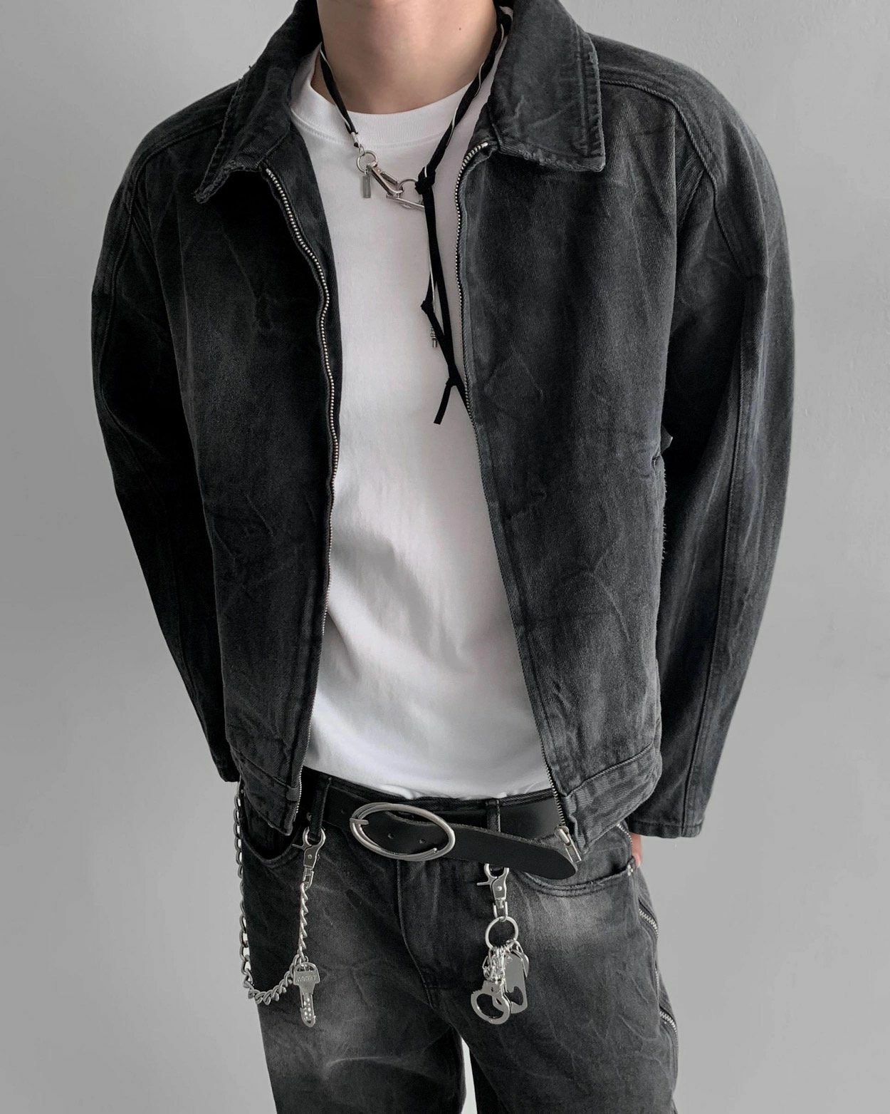 洗水反領拉鍊牛仔褸  LIL-035JK