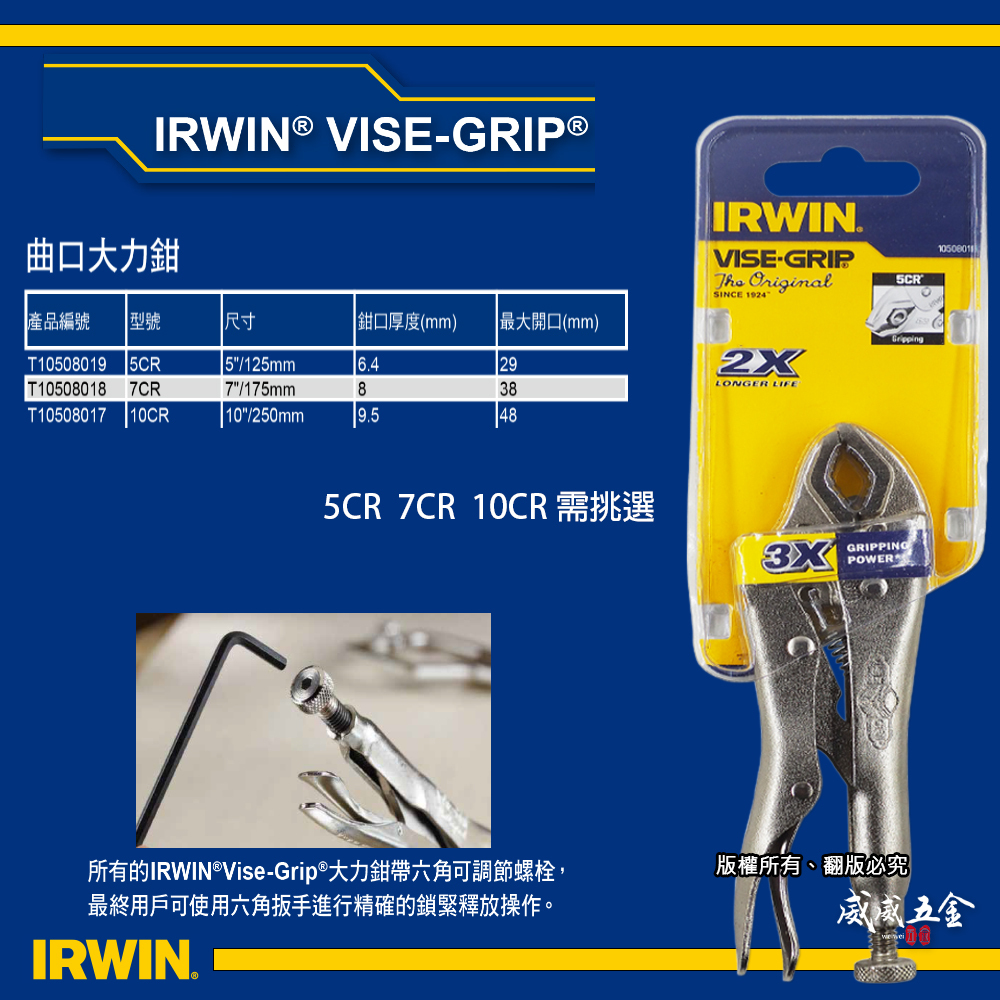 美國 IRWIN 握手牌｜鐵柄-強力夾齒萬能鉗 寬鉗口型 曲口大力鉗 固定鉗 夾鉗｜5CR 7CR 10CR