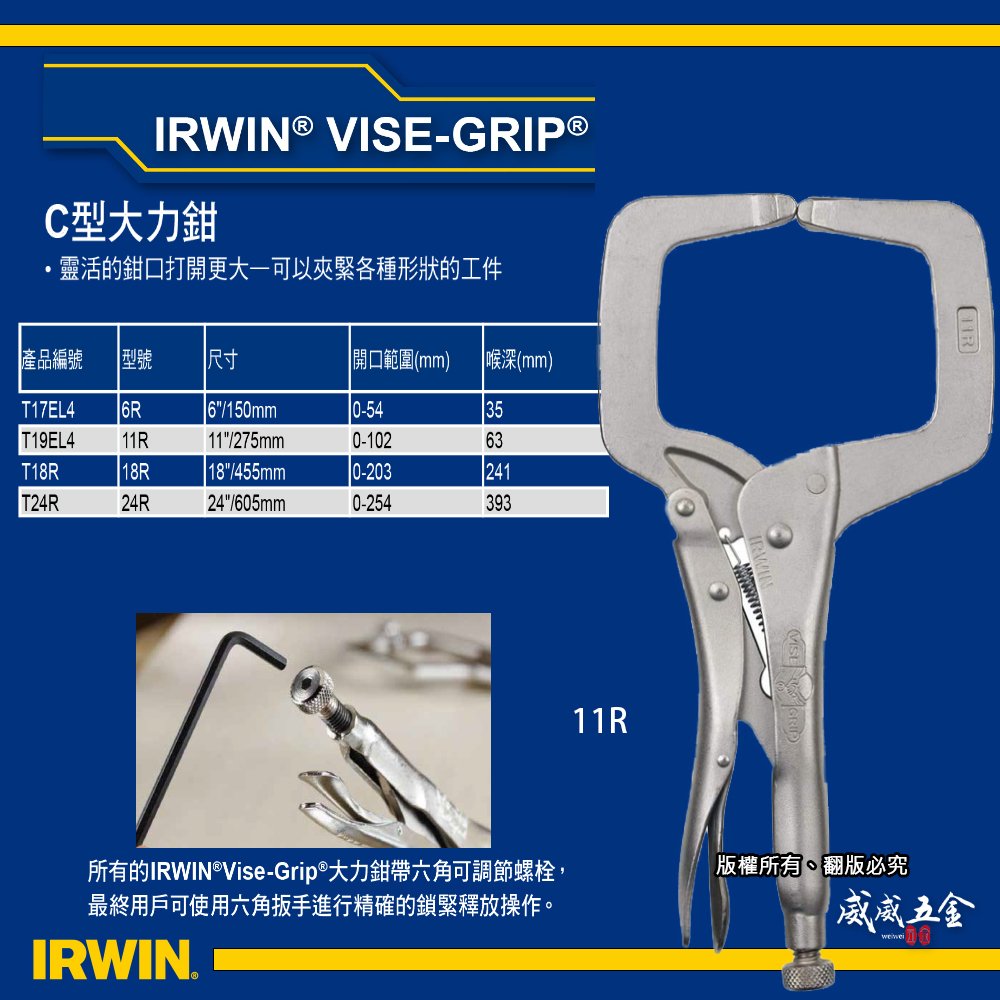 美國 IRWIN 握手牌｜鐵柄 C型萬能鉗 C型固定鉗｜11R｜萬能固定鉗｜T19EL4｜VISE-GRIP
