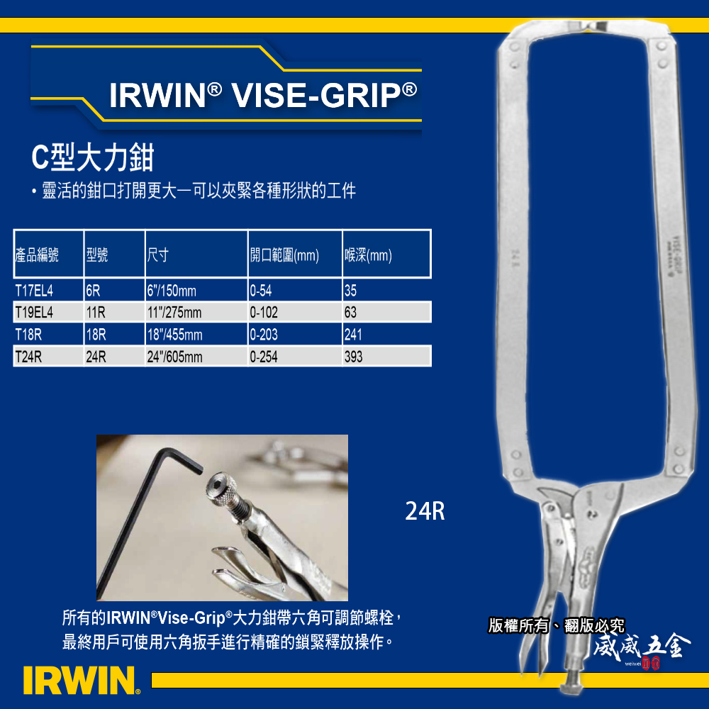 美國 IRWIN 握手牌｜24" 無鐵片強力C型萬能鉗 C型固定鉗 C型大力鉗｜T24R｜萬能固定鉗｜24R