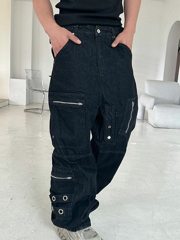 淨色拉鍊鬆身牛仔褲 SUB-001P