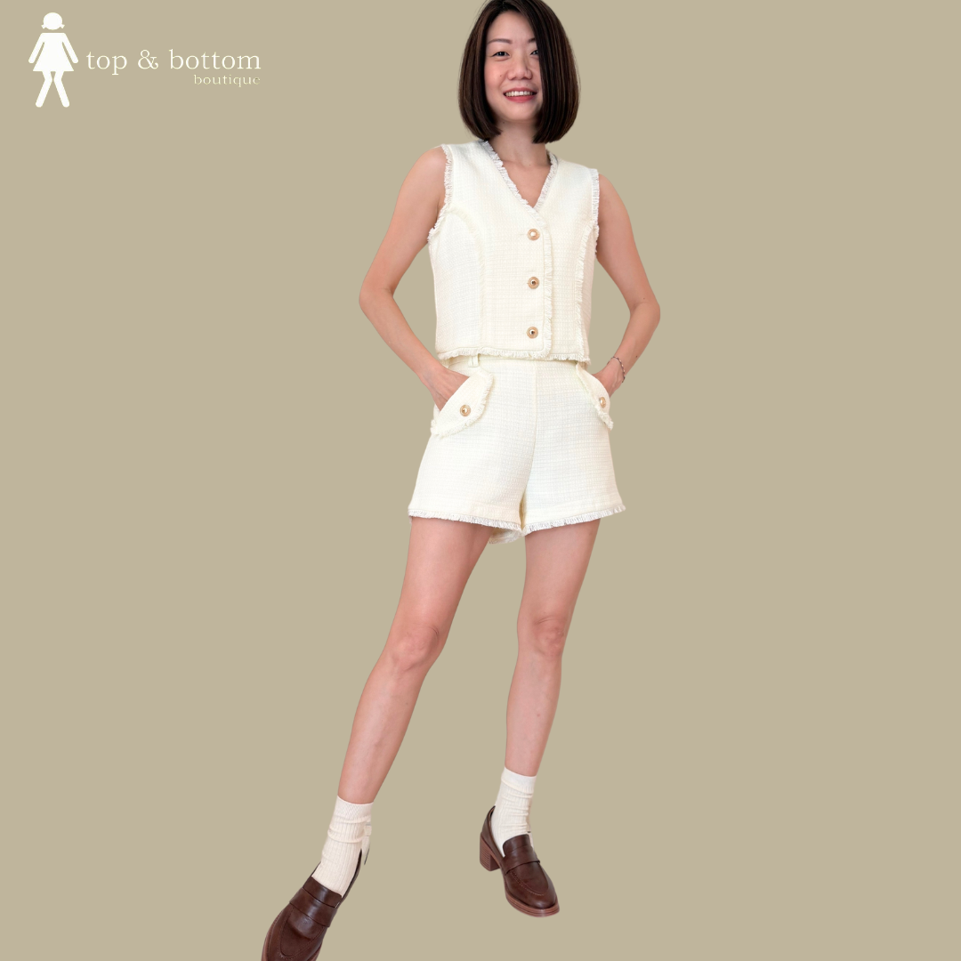 TWEED BUTTON VEST & SHORTS SET SUIT (2PCS)