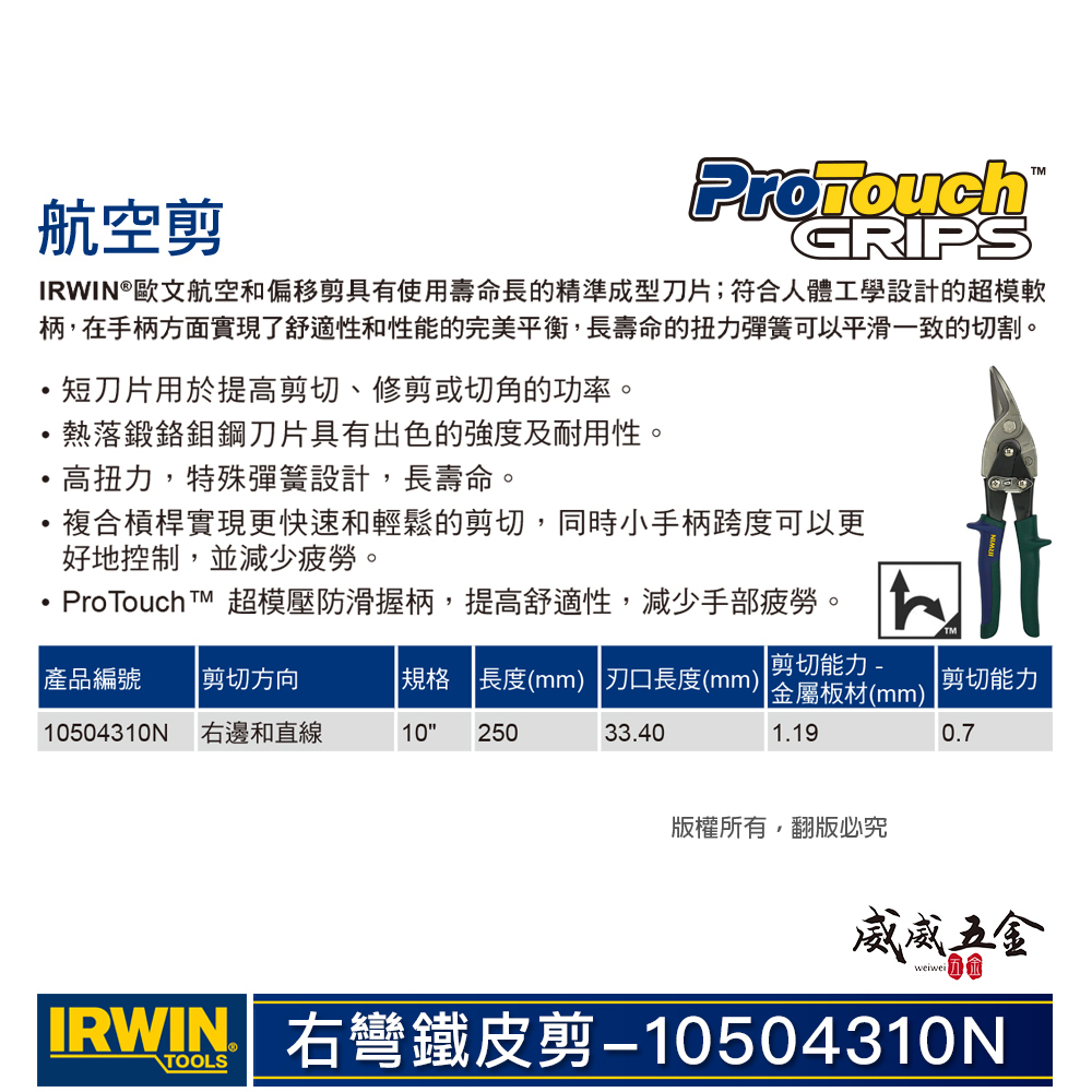 美國 IRWIN 握手牌｜綠色右彎-鐵皮剪刀 右直線膠柄鐵皮剪刀 102 萬能細鐵皮剪｜10504310N