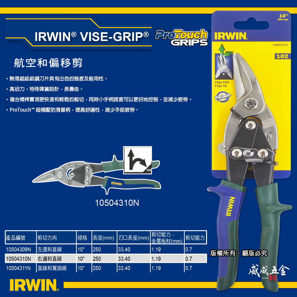 美國 IRWIN 握手牌｜綠色右彎-鐵皮剪刀 右直線膠柄鐵皮剪刀 102 萬能細鐵皮剪｜10504310N