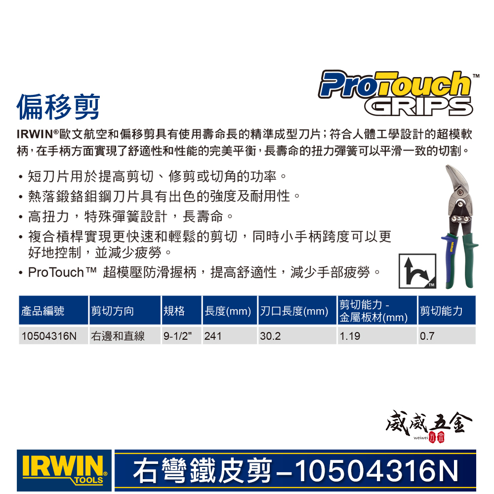 美國 IRWIN 握手牌｜綠色右彎美式萬能鐵皮剪刀 右直線強力偏移剪 薄鐵皮剪｜20SR｜10504316N