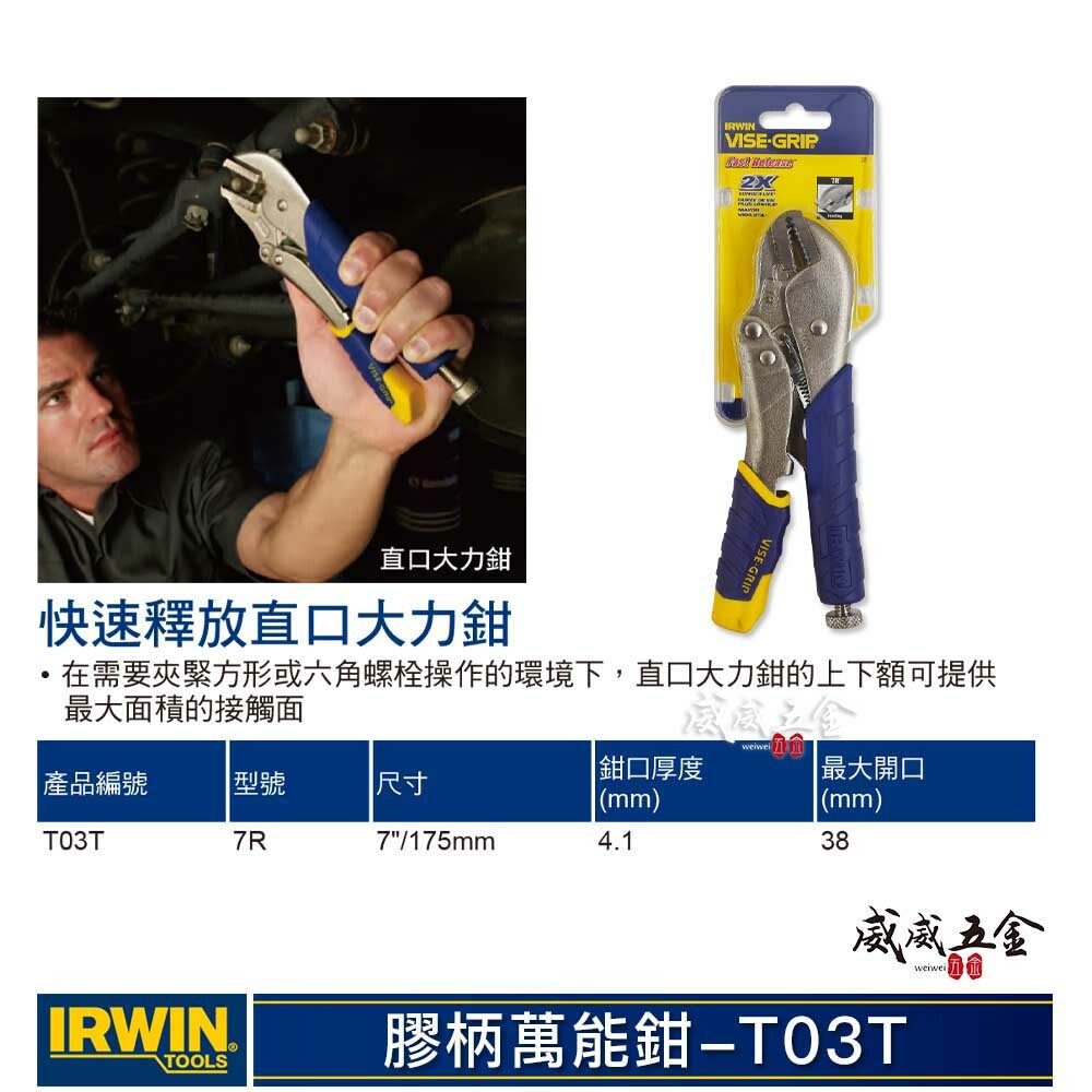 美國 IRWIN 握手牌｜7R｜人體工學握柄膠柄萬能鉗 7" 快速釋放柄固定鉗 強力夾齒直口萬能鉗｜T03T