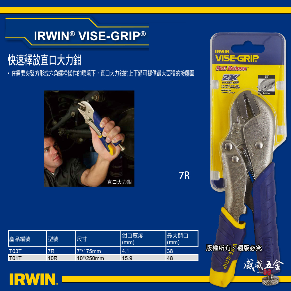 美國 IRWIN 握手牌｜7R｜人體工學握柄膠柄萬能鉗 7" 快速釋放柄固定鉗 強力夾齒直口萬能鉗｜T03T