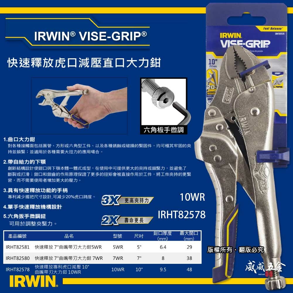 美國 IRWIN 握手牌｜快速釋放膠柄萬能鉗 10" 曲口大力鉗 10WR 固定鉗 夾鉗｜IRHT82578