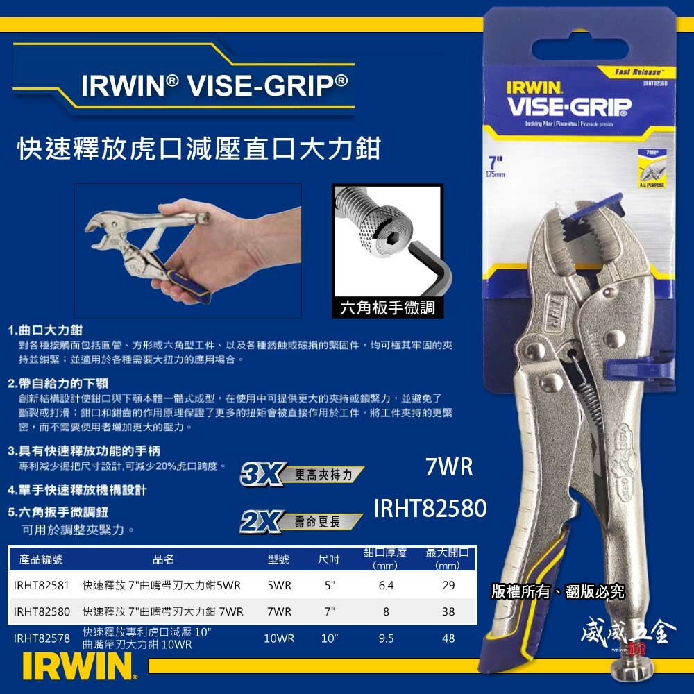 美國 IRWIN 握手牌｜快速釋放專利膠柄萬能鉗 7" 曲口大力鉗 7WR 曲嘴固定夾鉗｜IRHT82580