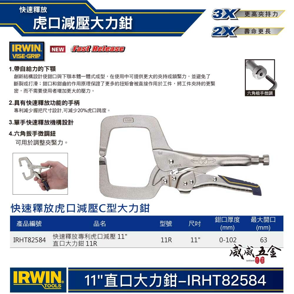 美國 IRWIN 握手牌｜快速釋放-膠柄C型萬能鉗 11" 大力鉗 11R C型固定鉗｜IRHT82584