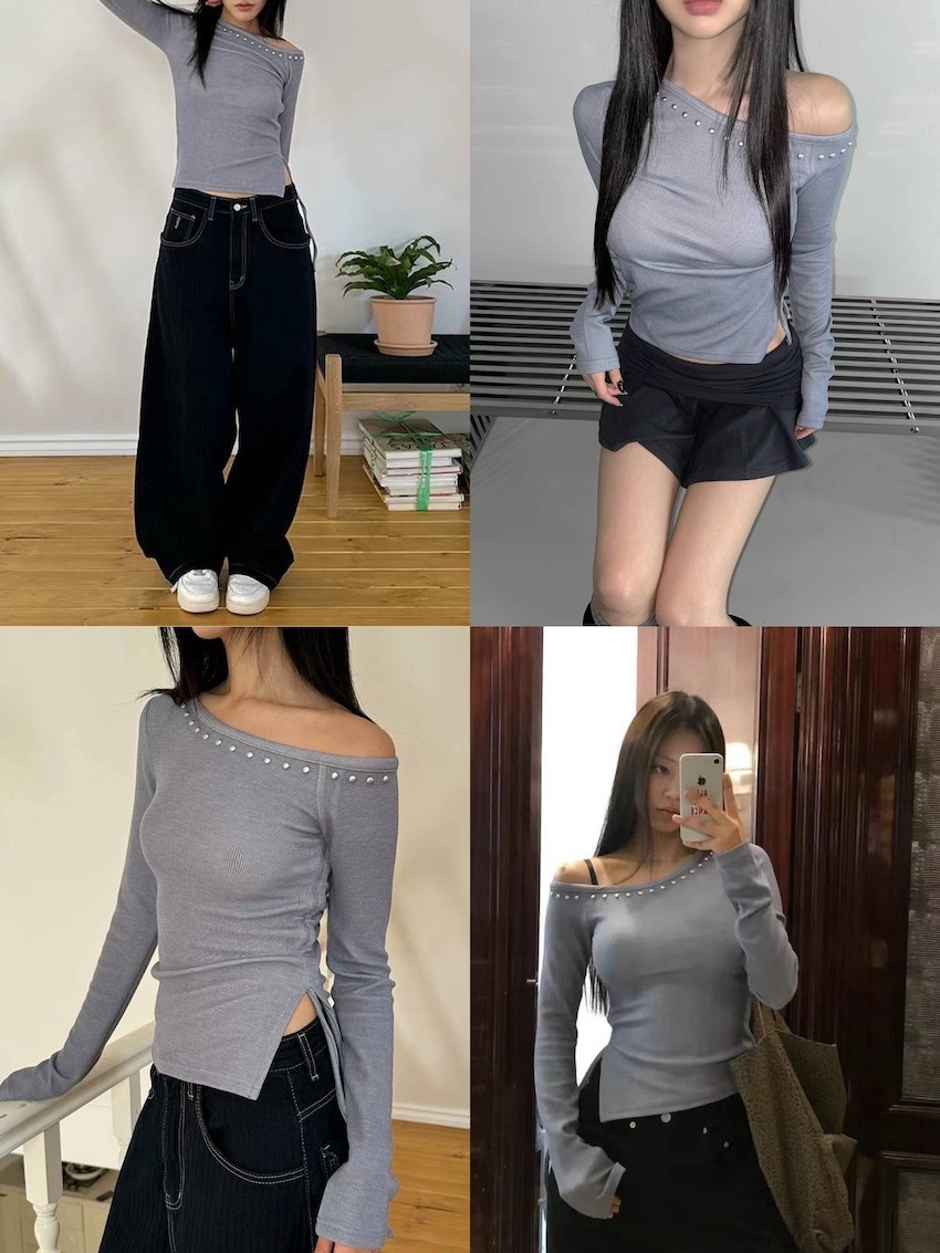 studded one-side ruched off-shoulder top