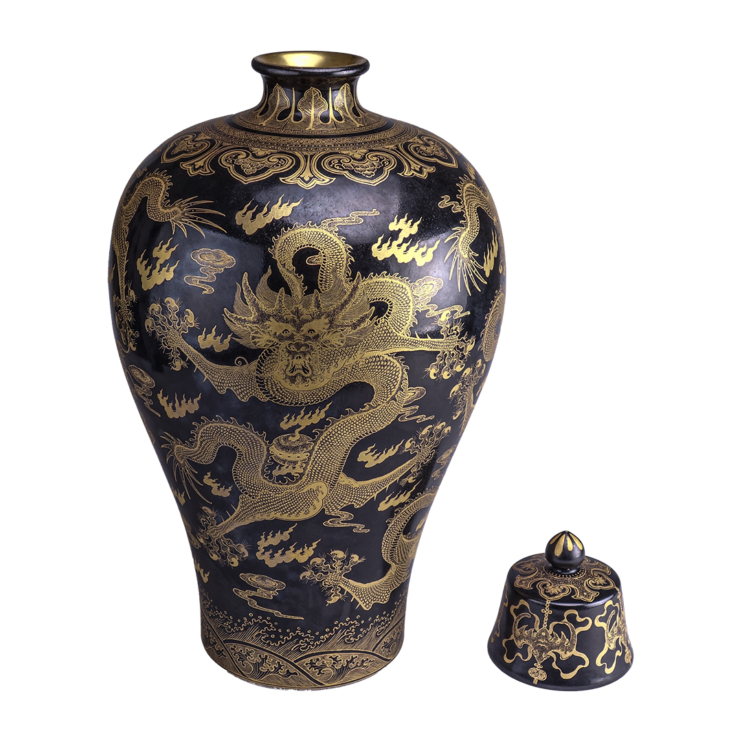 鹿港窯|【稀世珍品】清乾隆年間 烏金釉雕金五龍梅瓶 | 450mm高貴氣派 | 附古董錦盒