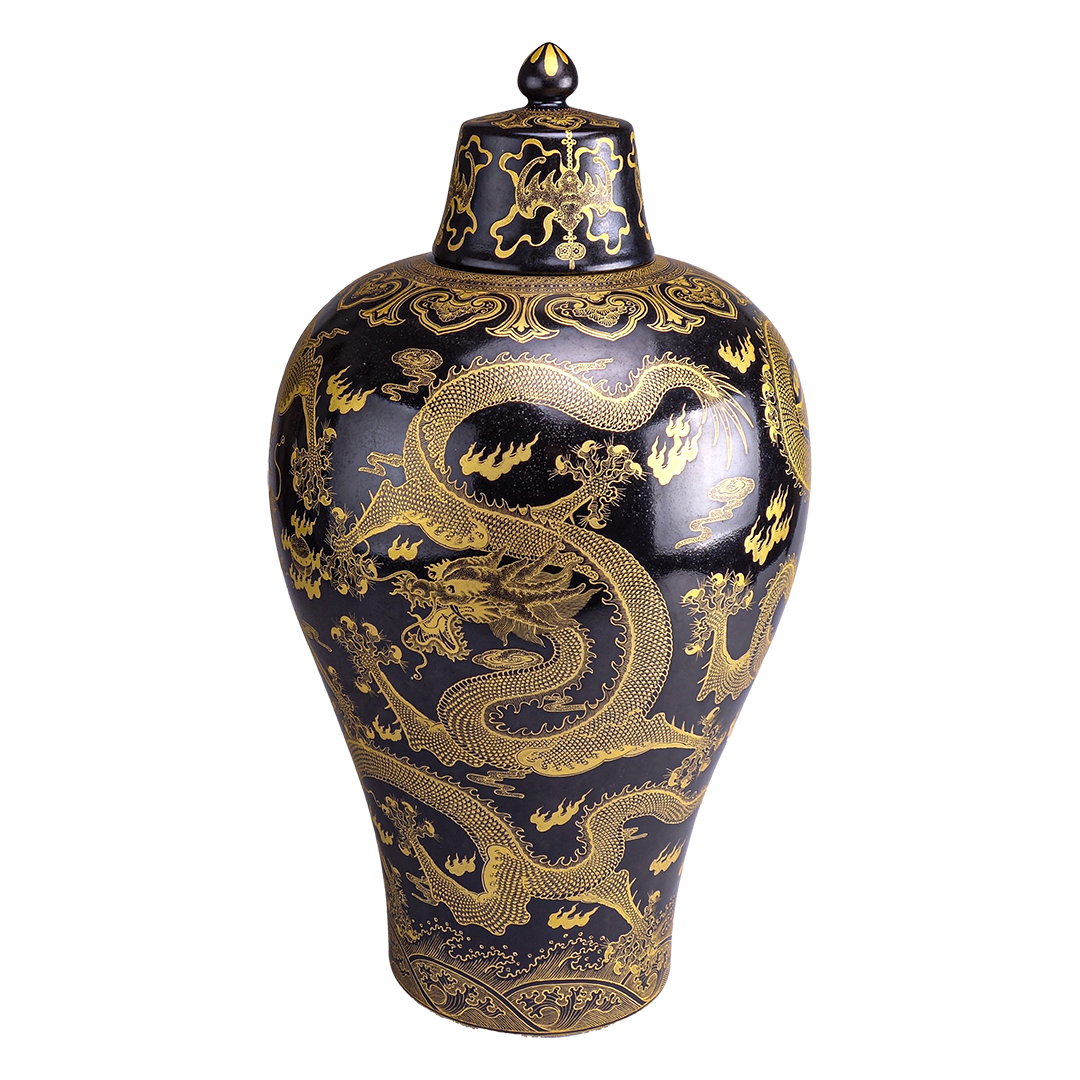 鹿港窯|【稀世珍品】清乾隆年間 烏金釉雕金五龍梅瓶 | 450mm高貴氣派 | 附古董錦盒