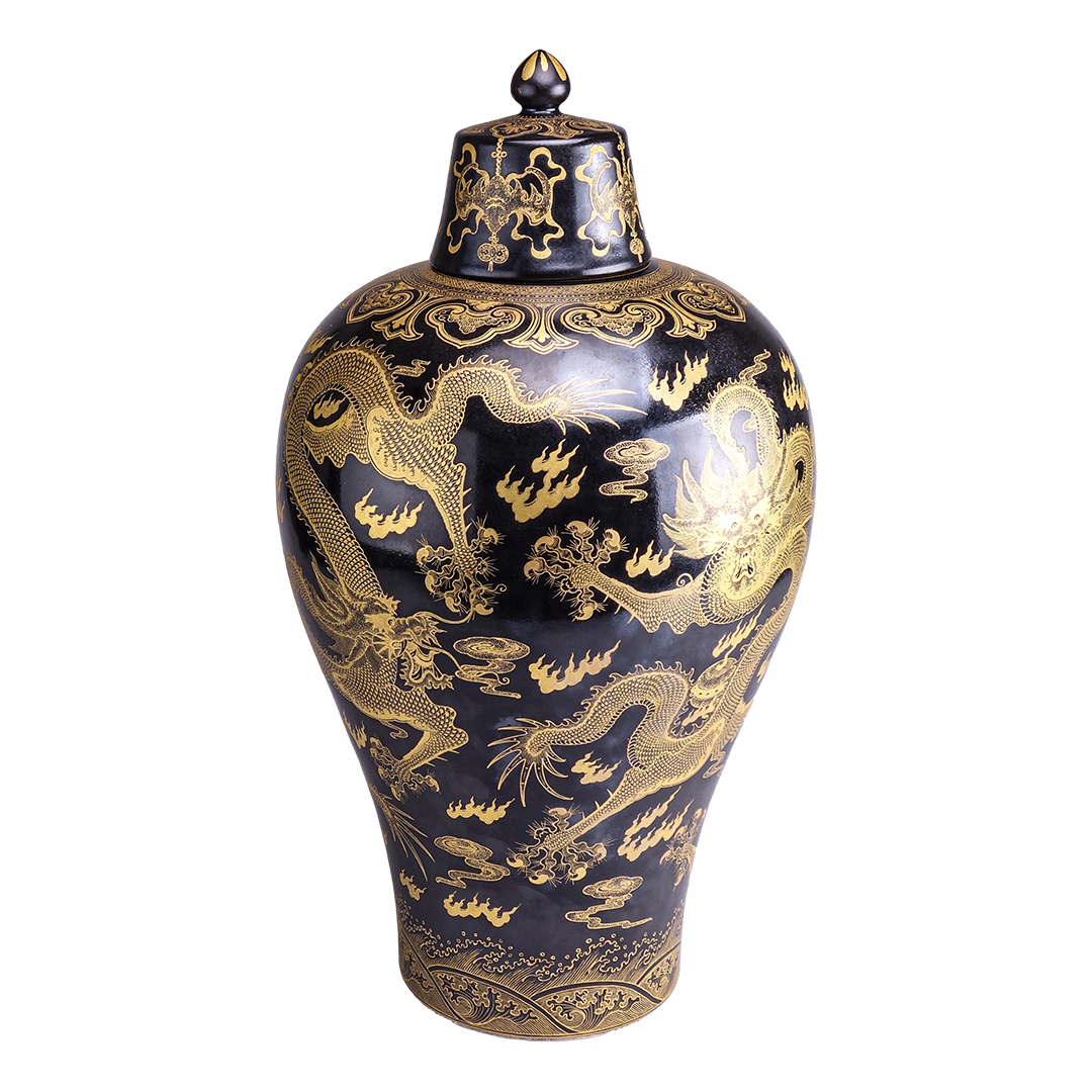 鹿港窯|【稀世珍品】清乾隆年間 烏金釉雕金五龍梅瓶 | 450mm高貴氣派 | 附古董錦盒