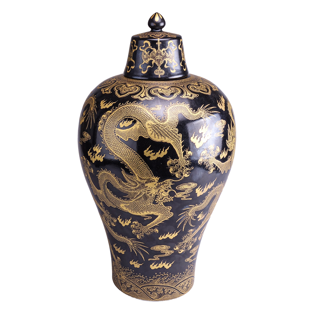 鹿港窯|【稀世珍品】清乾隆年間 烏金釉雕金五龍梅瓶 | 450mm高貴氣派 | 附古董錦盒