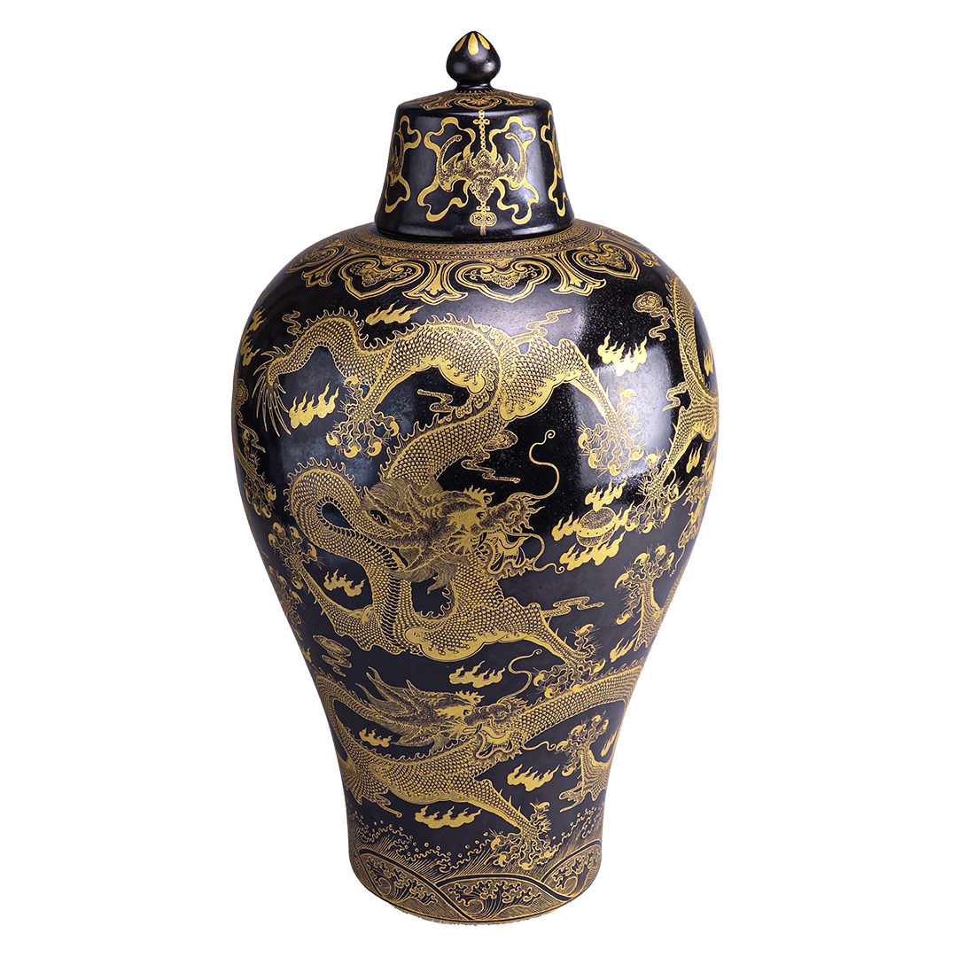 鹿港窯|【稀世珍品】清乾隆年間 烏金釉雕金五龍梅瓶 | 450mm高貴氣派 | 附古董錦盒