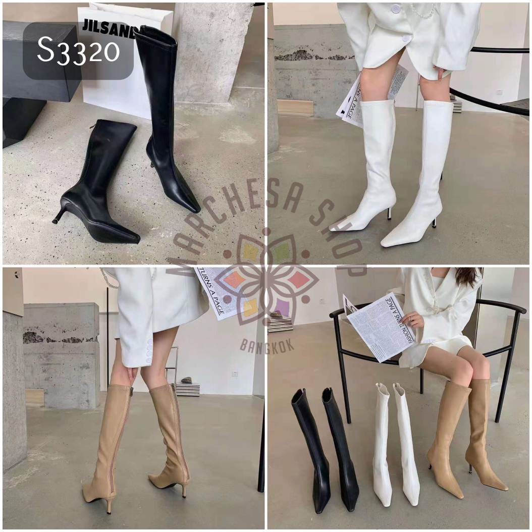 S3320 - 真皮牛皮簡約純色後拉鏈高踭長靴