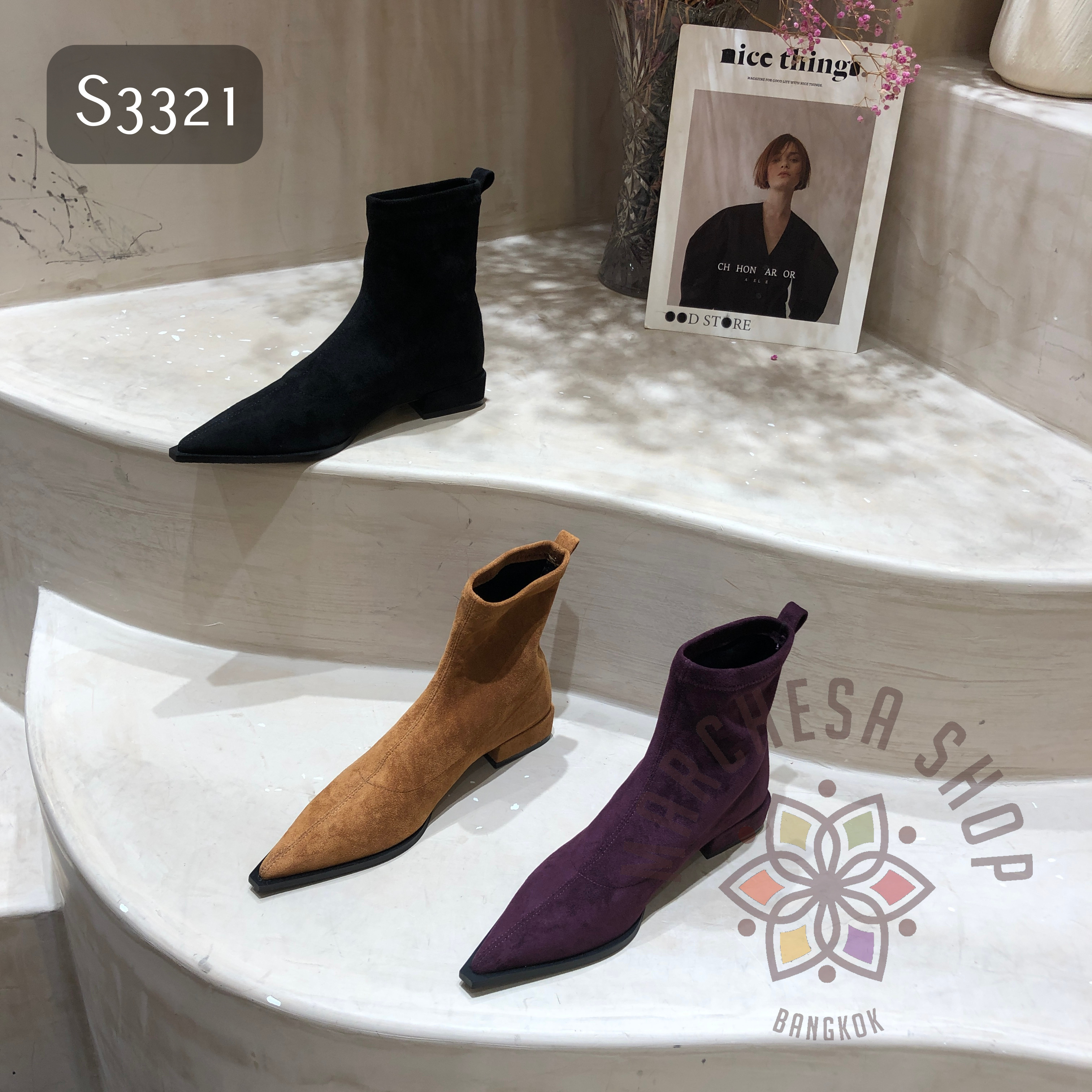 S3321 - 真皮軟牛猄皮簡約純色平底短靴