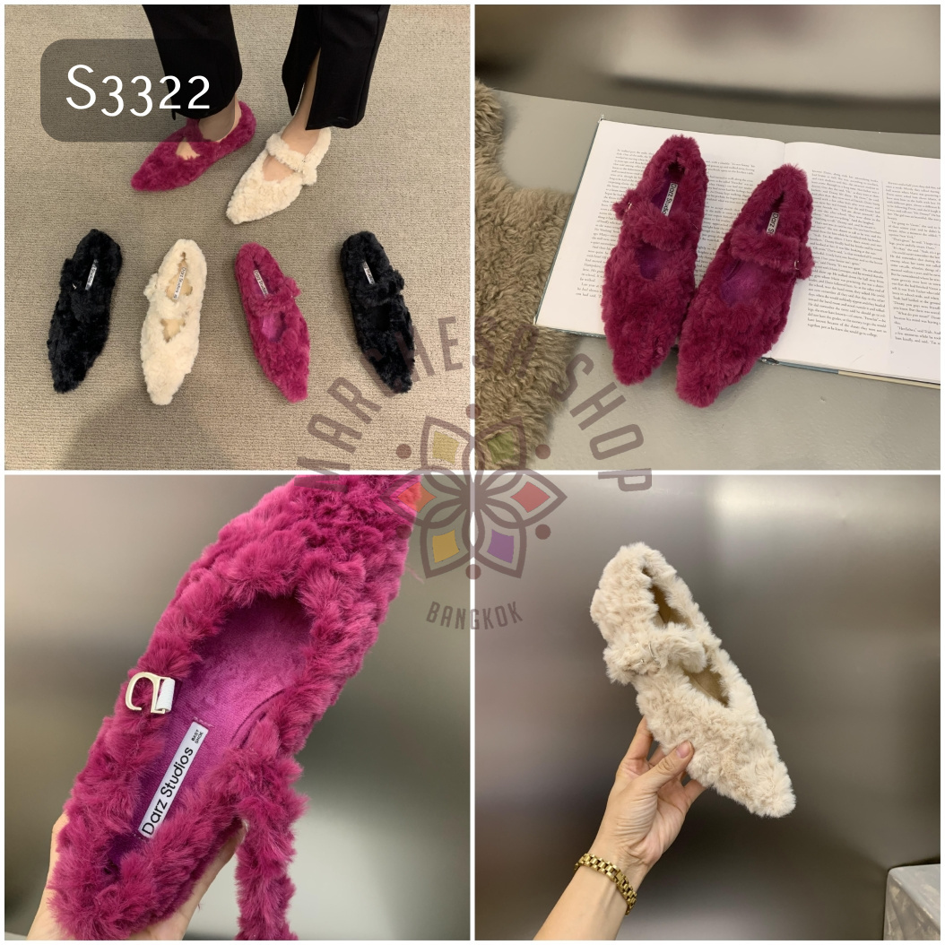 S3322- 免毛保暖純色尖頭一字帶平底鞋