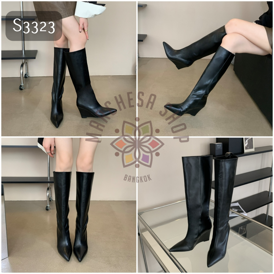 S3323- 真皮牛皮百搭尖頭船踭濶筒長靴
