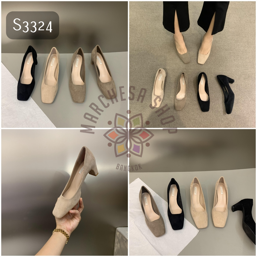 S3324- 真皮牛猄皮百搭方頭高踭鞋