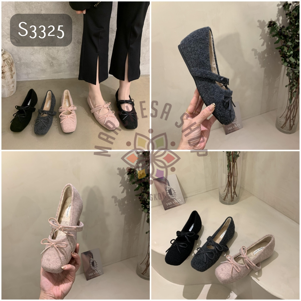 S3325- 絨毛保暖蝴蝶結一字帶方頭內增高鞋