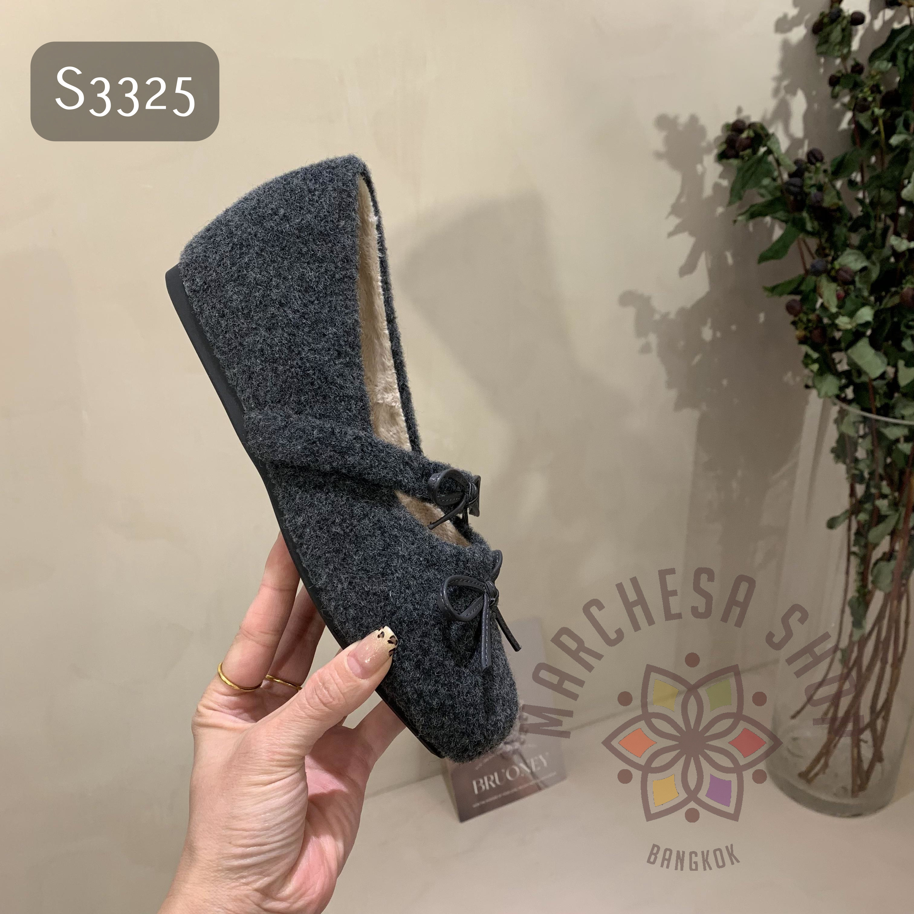 S3325- 絨毛保暖蝴蝶結一字帶方頭內增高鞋