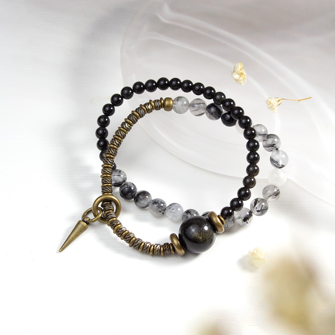 黑曜石黑發晶手環