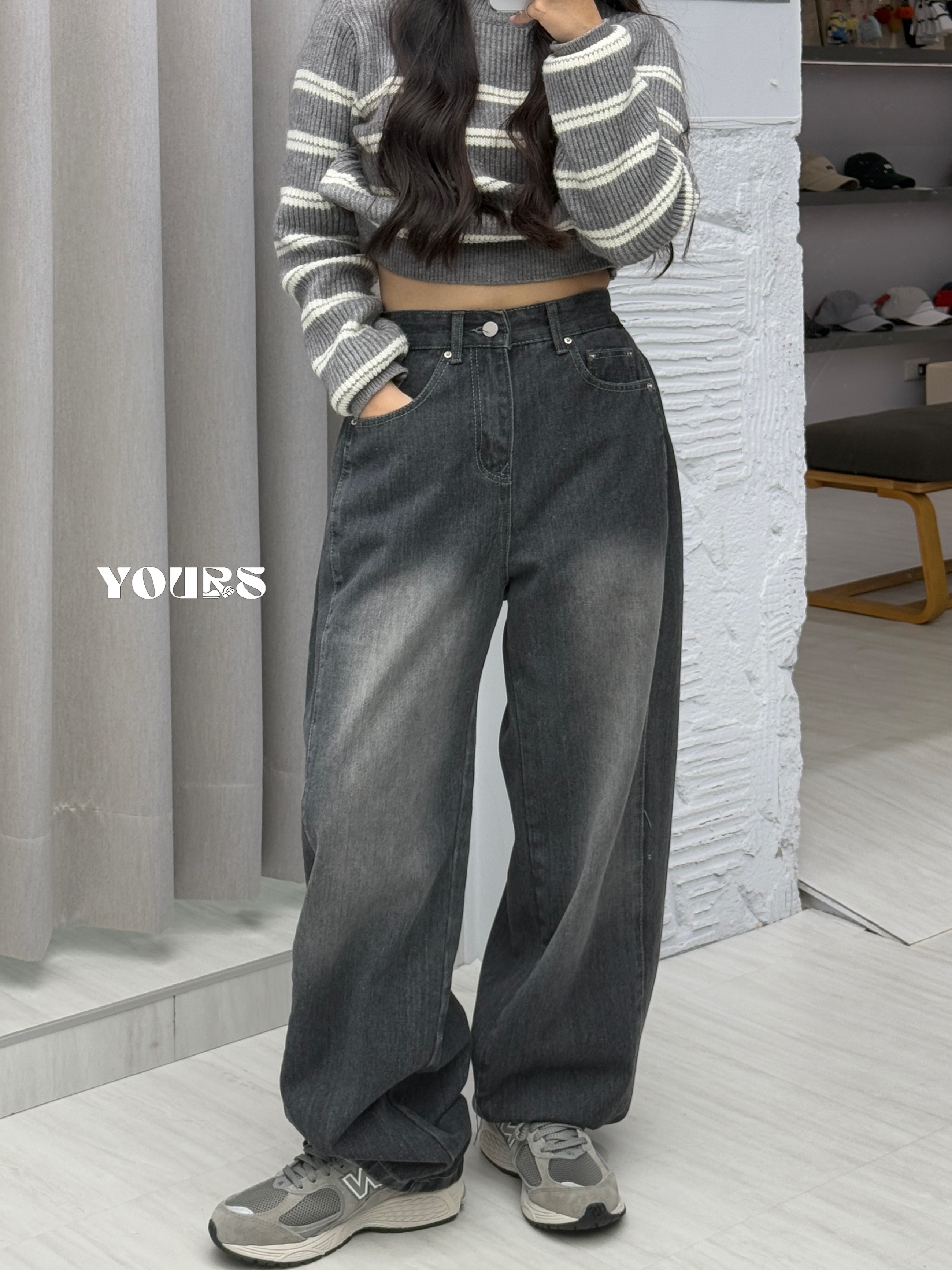 褲管調扣刷色彎刀牛仔褲