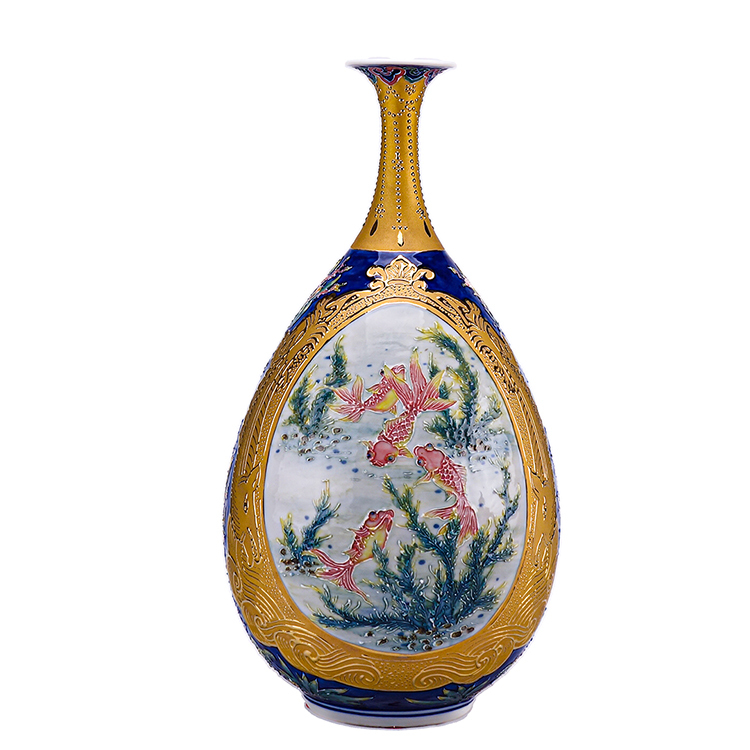 鹿港窯|鎏金線塑開窗法華器『年年有魚』玉壺春花瓶 - 開運居家藝術精品