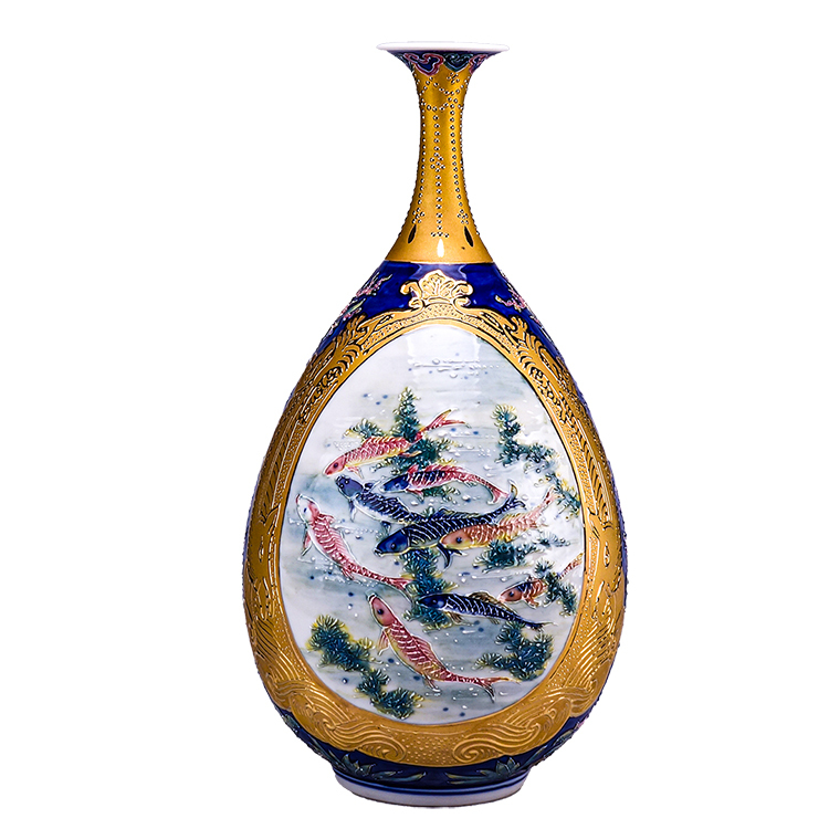 鹿港窯|鎏金線塑開窗法華器『年年有魚』玉壺春花瓶 - 開運居家藝術精品