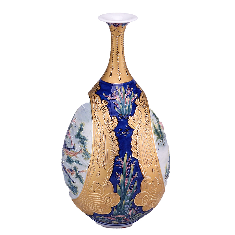 鹿港窯|鎏金線塑開窗法華器『年年有魚』玉壺春花瓶 - 開運居家藝術精品