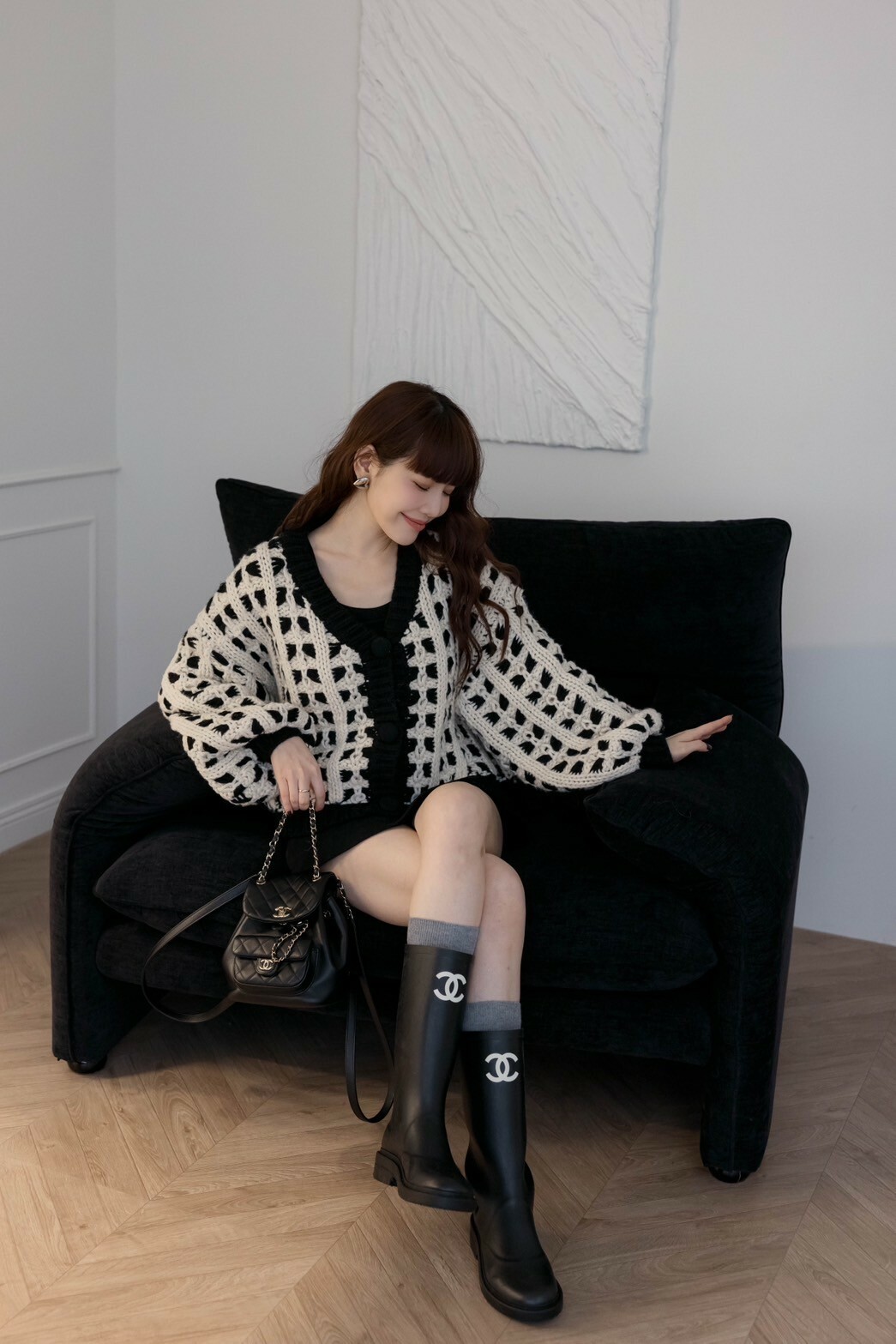 （現貨）🇰🇷#k105 韓國獨家優惠棋盤格粗鉤織外套(黑)