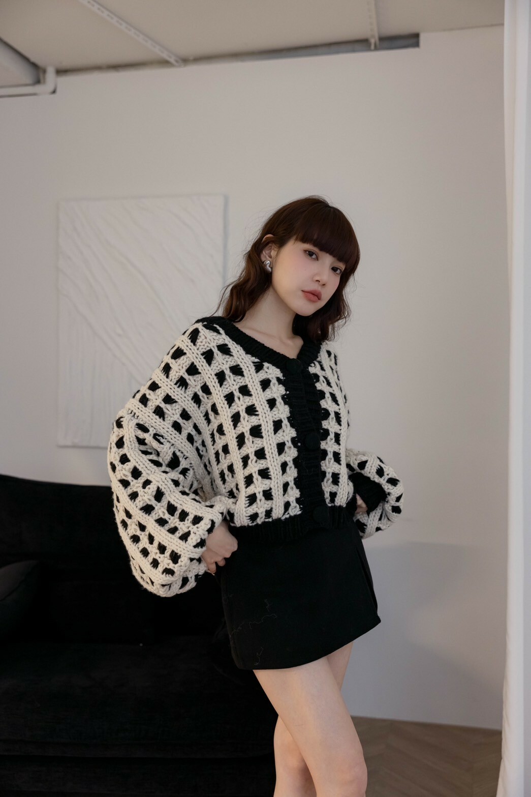 （現貨）🇰🇷#k105 韓國獨家優惠棋盤格粗鉤織外套(黑)