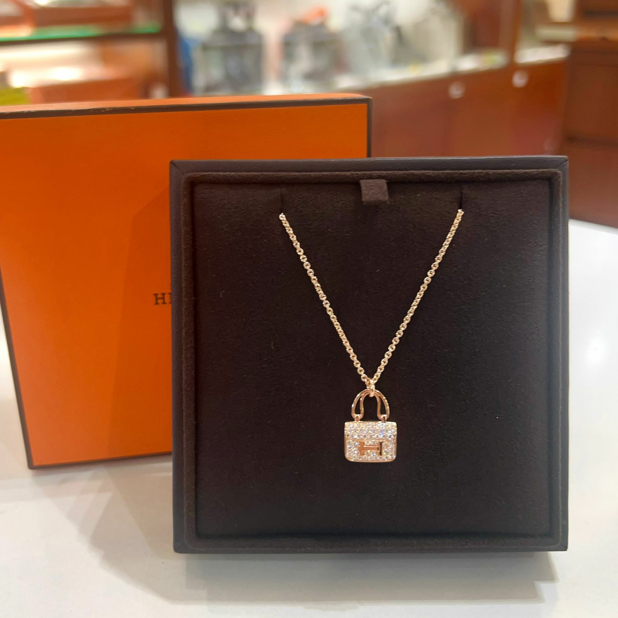 3月新鮮單!!! 全新HERMES頸鏈, H121312B, CONSTANCE ROSE滿鑽吊咀, 43D0.44ct ,18K玫瑰金 ,#BRAND NEW #香榭站正品