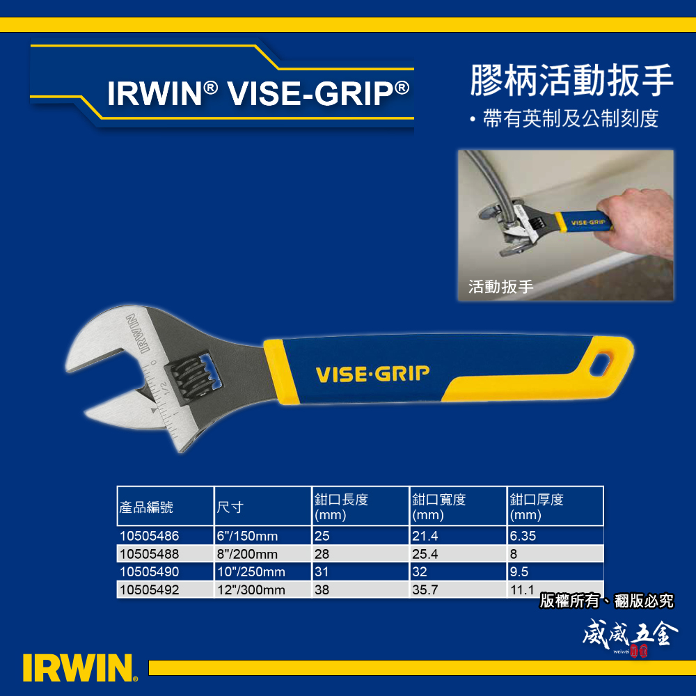 美國 IRWIN 握手牌｜8" 膠柄活動扳手 200mm 刻度顯示-強力型活動板手 調整式｜10505488