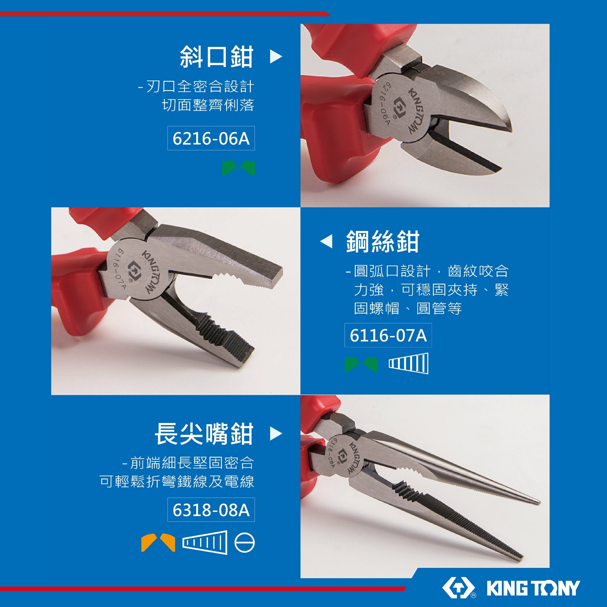 KING TONY 金統立 台灣製｜耐電壓鉗3支組 膠柄鐵鉗 TPR膠柄斜口鉗 尖嘴鉗3件式｜40603GP