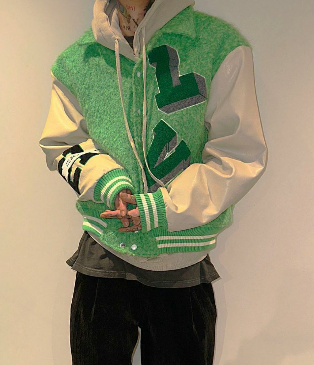 拼皮袖英文字棒球褸 DEAN-035JK