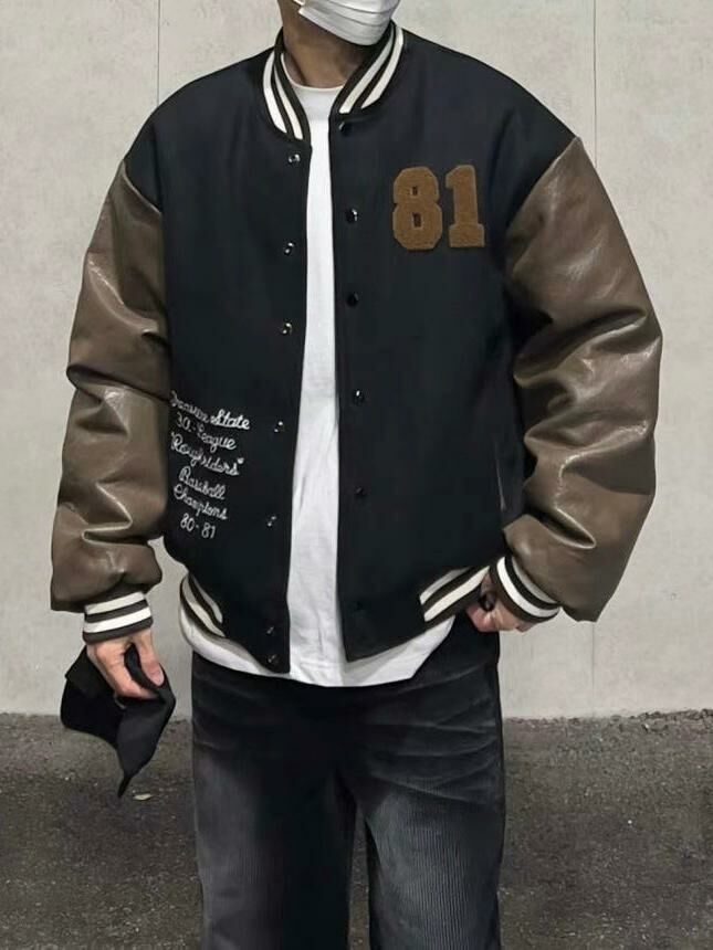 拼皮袖英文字棒球褸(薄夾棉) DEAN-037JK