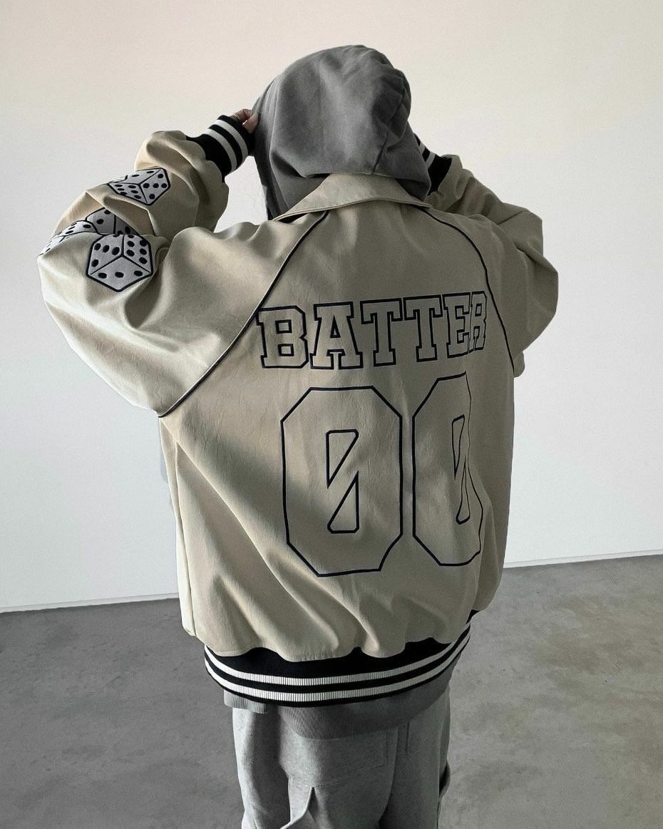 反領英文字合成皮棒球褸 DEAN-038JK