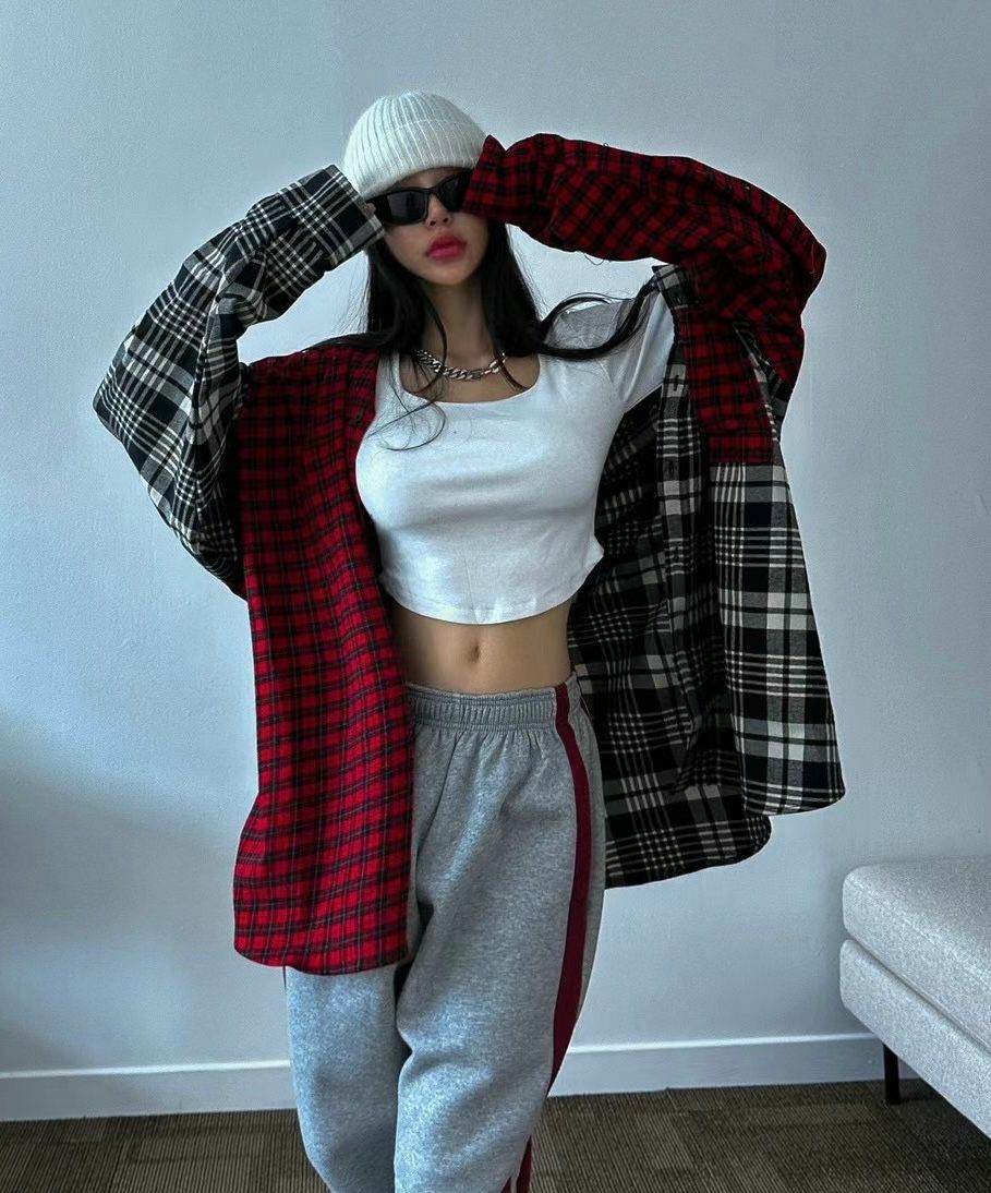 拼色拼格仔長袖恤衫 S1950