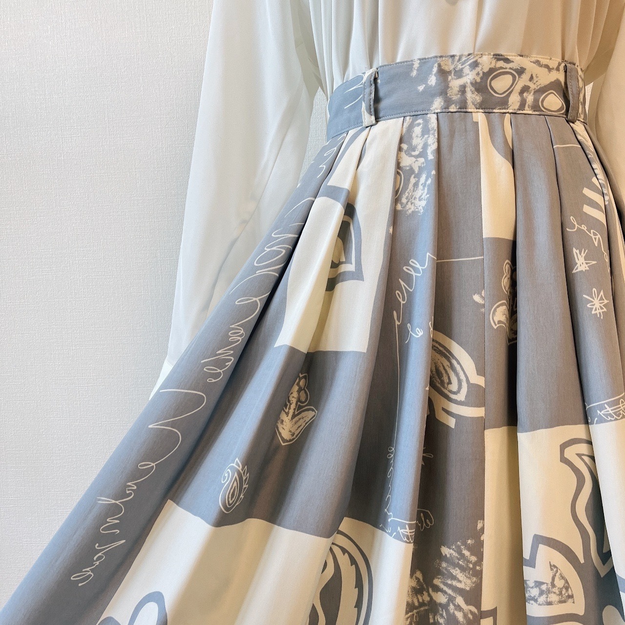 日本製灰藍×白色塗鴉古著半裙