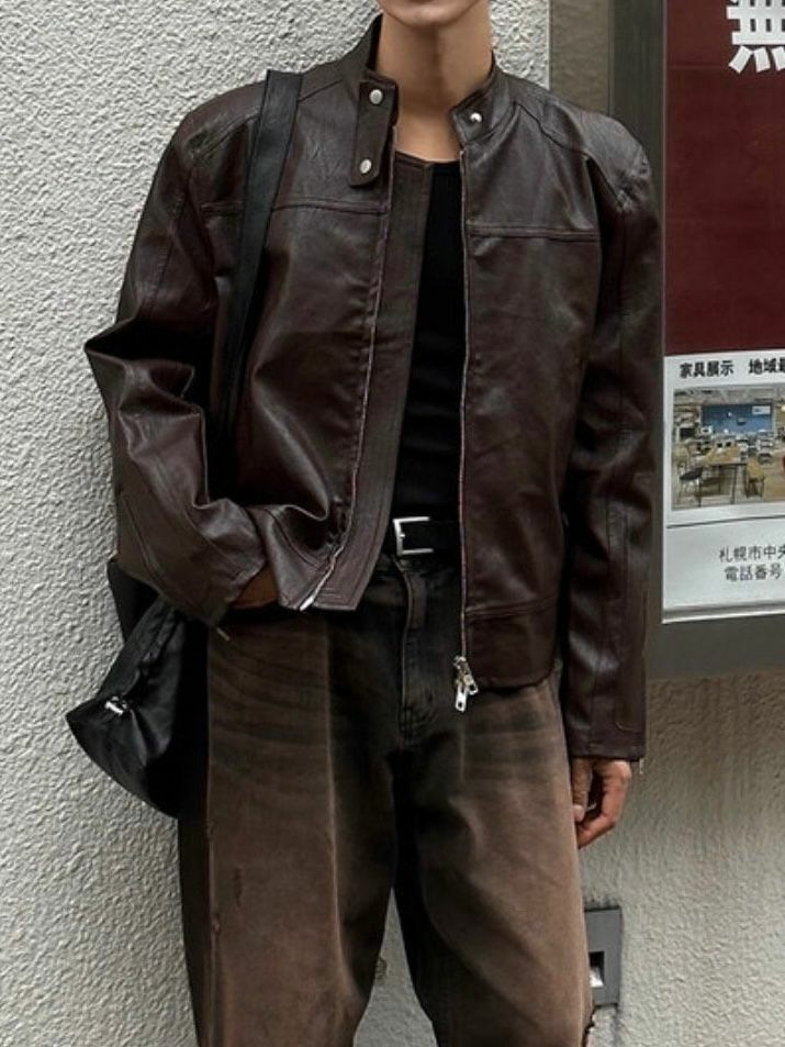 淨色企領拉鍊合成皮褸 TAC-0035JK