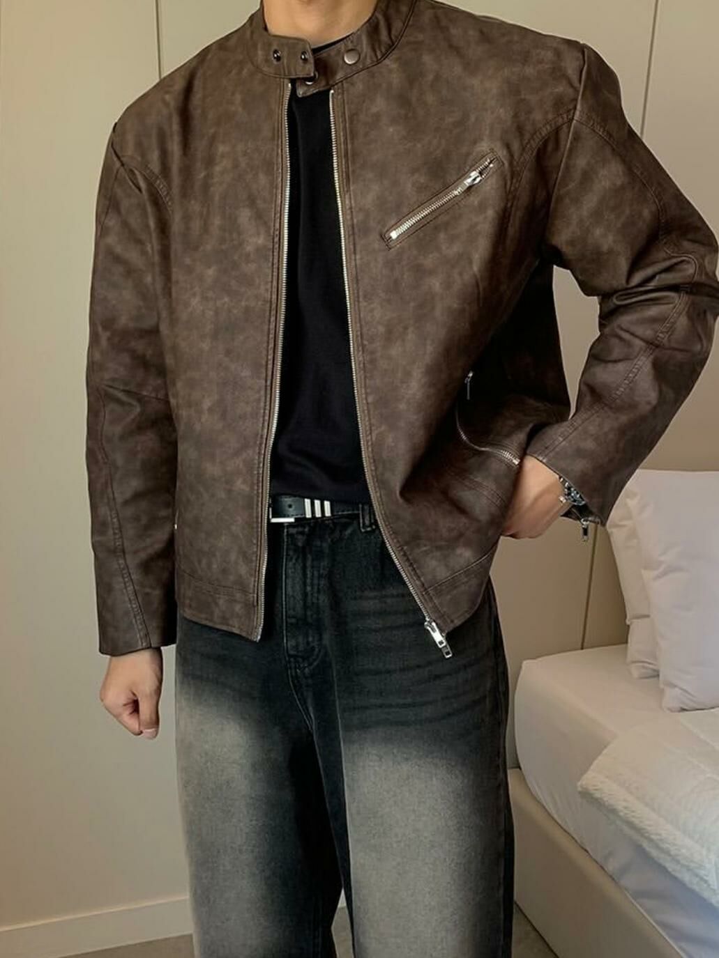 洗水企領拉鍊合成皮褸 TAC-0055JK