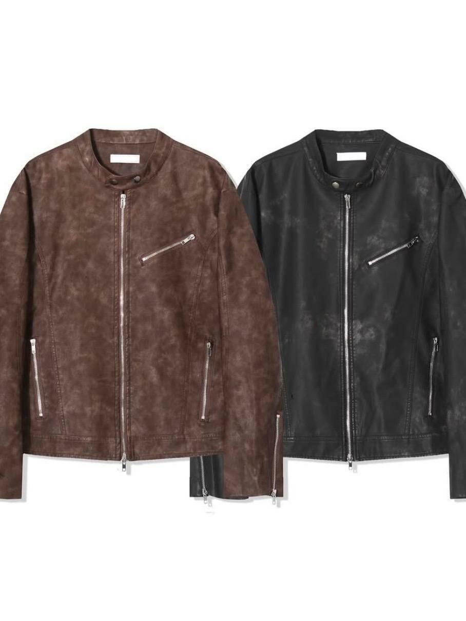 洗水企領拉鍊合成皮褸 TAC-0055JK