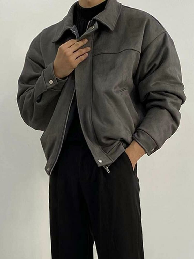 淨色反領拉鍊合成皮褸 TAC-0057JK